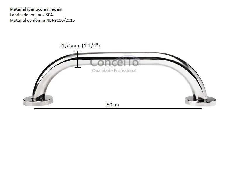 Barra de apoio para banheiro em inox reta 80cm - 1005 - Conceito Metais (foto 2)