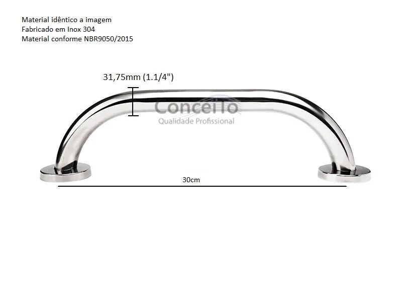 Barra de apoio para banheiro em inox reta 30cm - 1011 - Conceito Metais (foto 2)