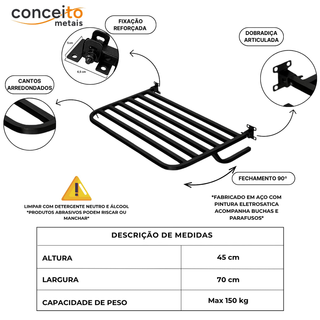Banco articulado de aço preto para banheiro PNE 45x70 - 1030: detalhes