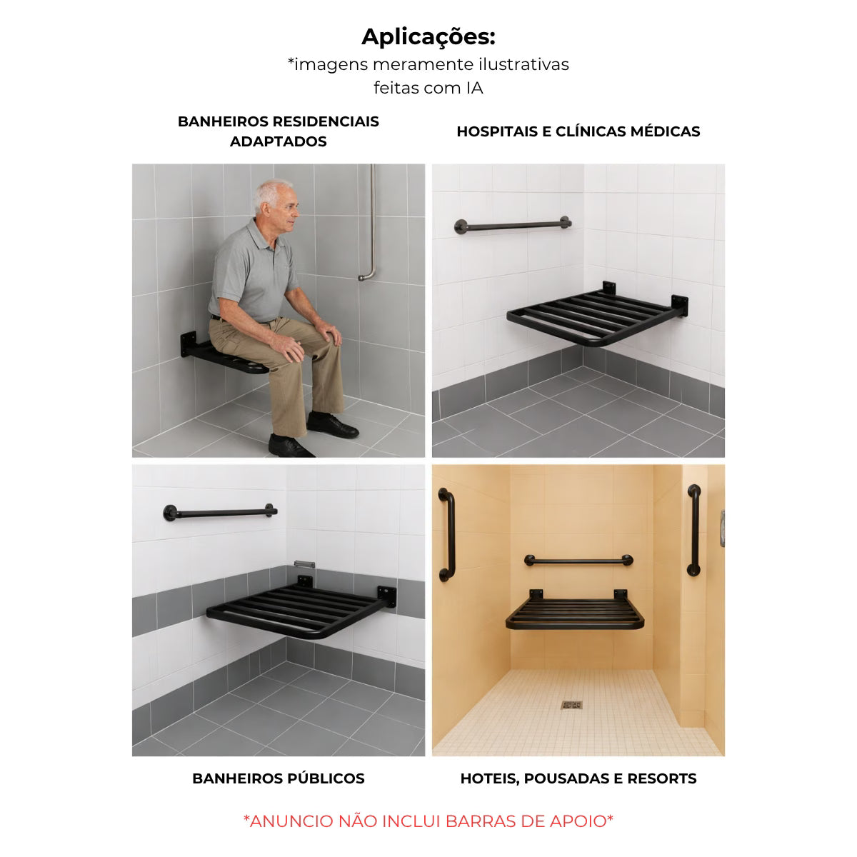 Banco articulado de aço preto para banheiro PNE 45x70 - 1030: aplicações