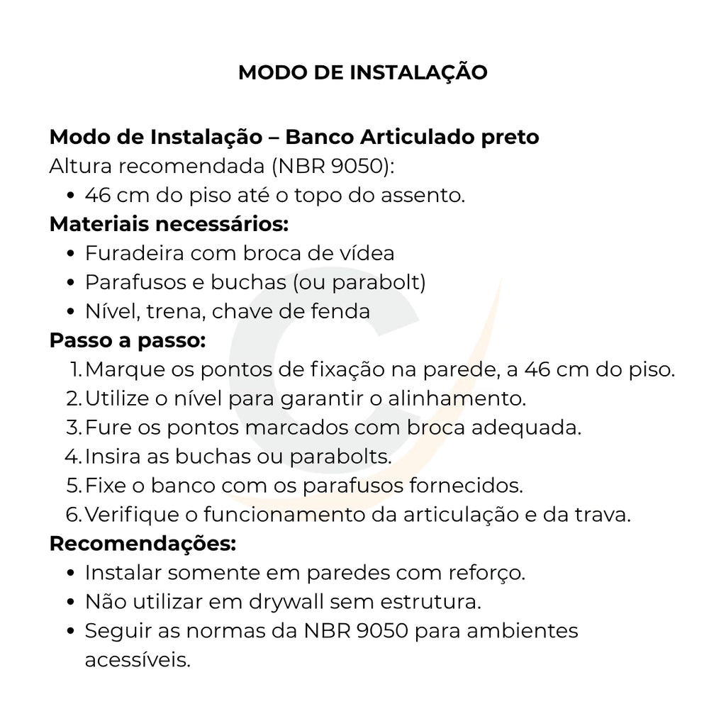 Banco articulado de aço preto para banheiro PNE 45x70 - 1030: modo de instalação