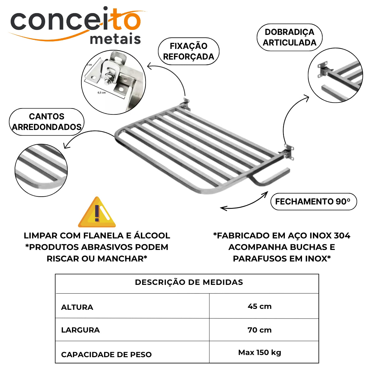 Banco articulado de inox para banheiro PNE 45x70cm - 1054: detalhes: fixação reforçada, dobradiça articulada, medidas e capacidade