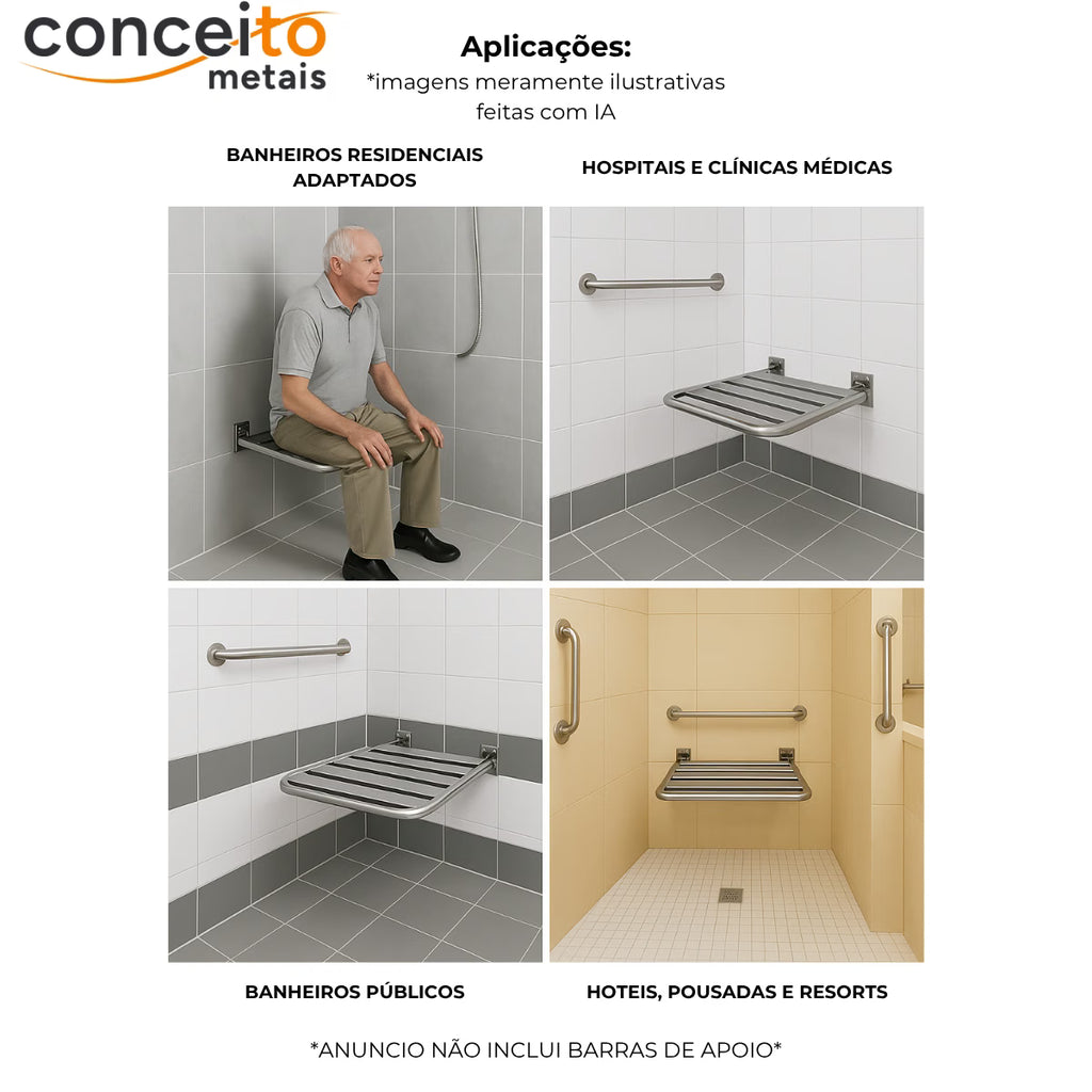Banco articulado de inox para banheiro PNE 45x70cm - 1054: aplicações em banheiros adaptados, hospitais, hotéis e banheiros públicos