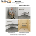 Banco articulado de inox para banheiro PNE 45x70cm - 1054: aplicações em banheiros adaptados, hospitais, hotéis e banheiros públicos
