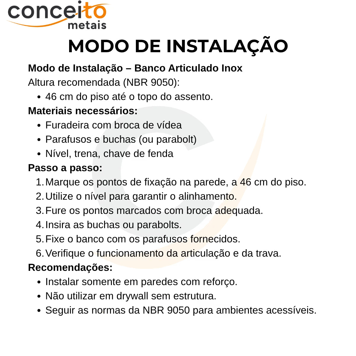 Banco articulado de inox para banheiro PNE 45x70cm - 1054: modo de instalação