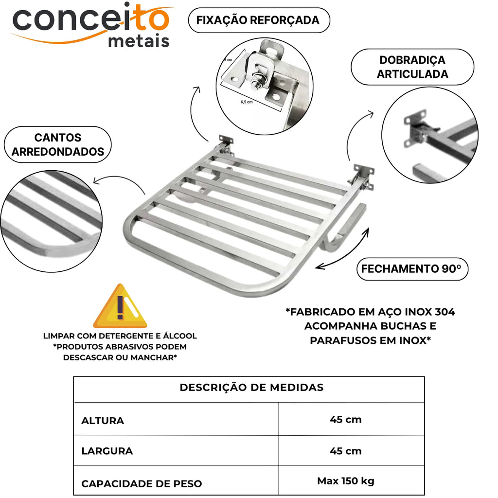 Banco articulado em inox polido PNE 45x45cm - 1055: detalhes: fixação reforçada, dobradiça articulada e cantos arredondados