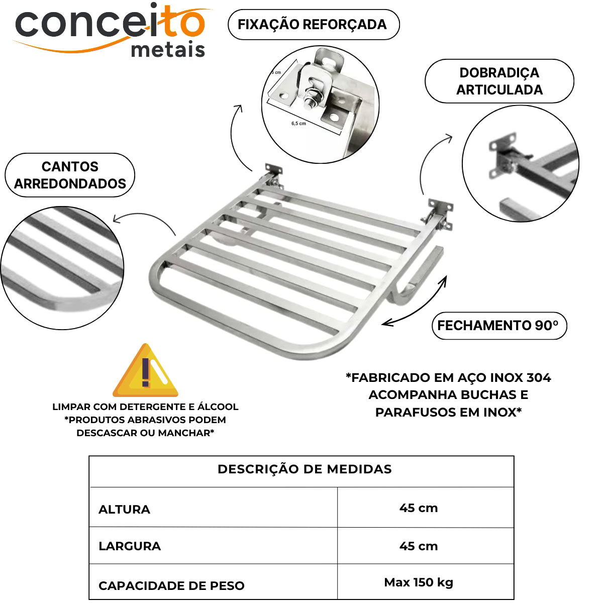 Banco articulado em inox polido PNE 45x45cm - 1055: detalhes: fixação reforçada, dobradiça articulada e cantos arredondados