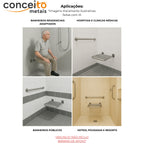 Banco articulado em inox polido PNE 45x45cm - 1055: aplicações em banheiros adaptados, hospitais, hotéis e banheiros públicos