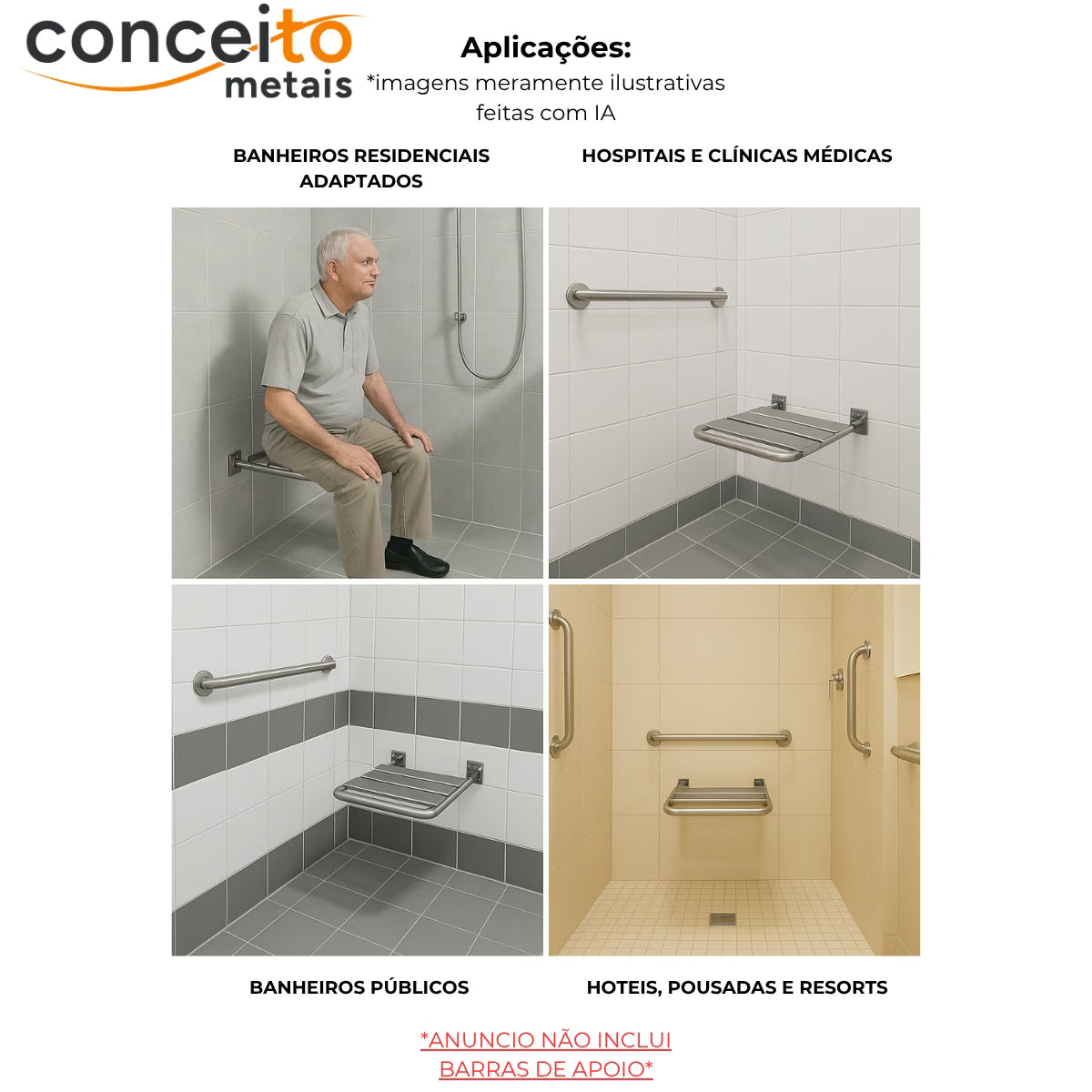 Banco articulado em inox polido PNE 45x45cm - 1055: aplicações em banheiros adaptados, hospitais, hotéis e banheiros públicos
