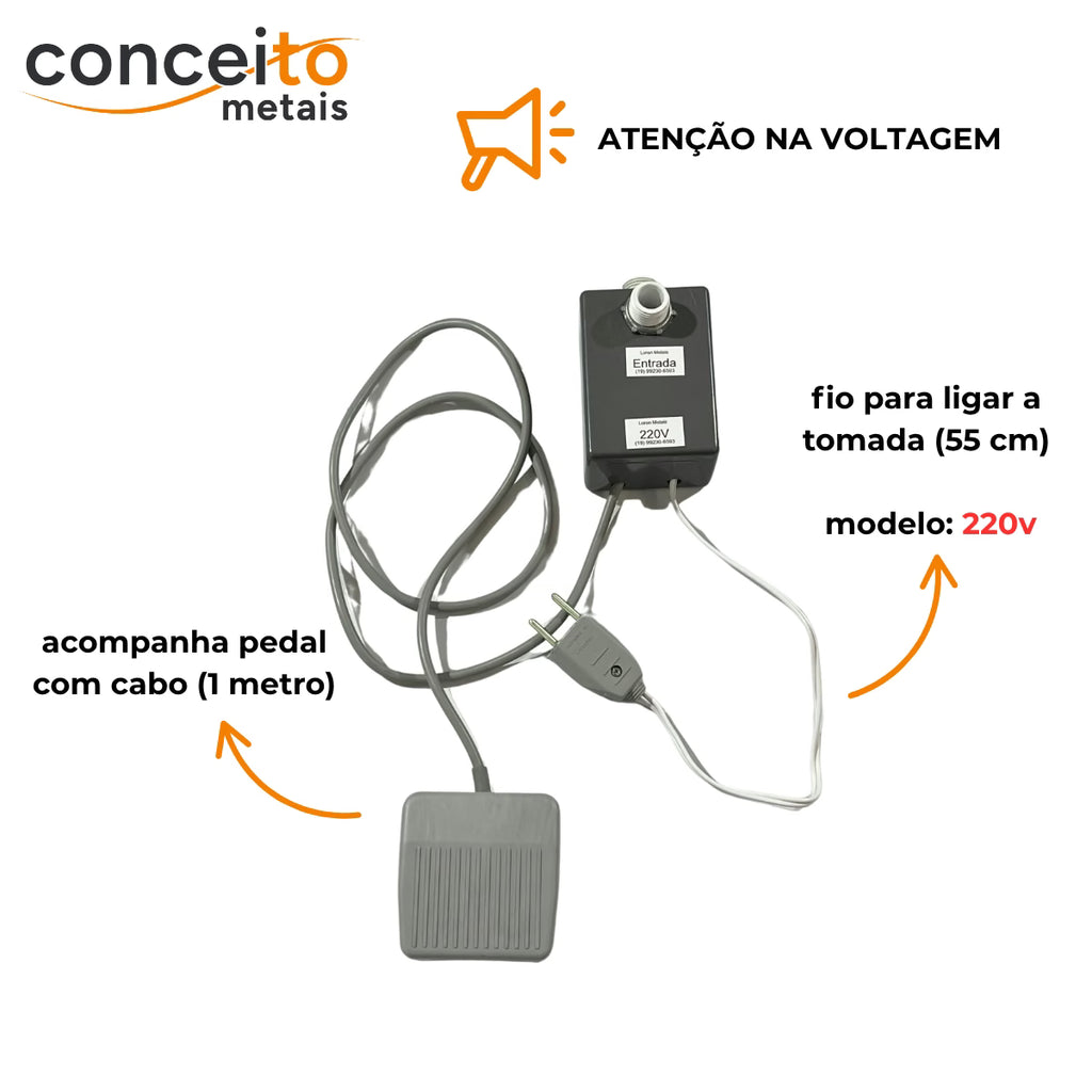 Acionador de pedal elétrico 220V com válvula solenoide - 1057: pedal com cabo de 1 metro e fio de tomada de 55 cm