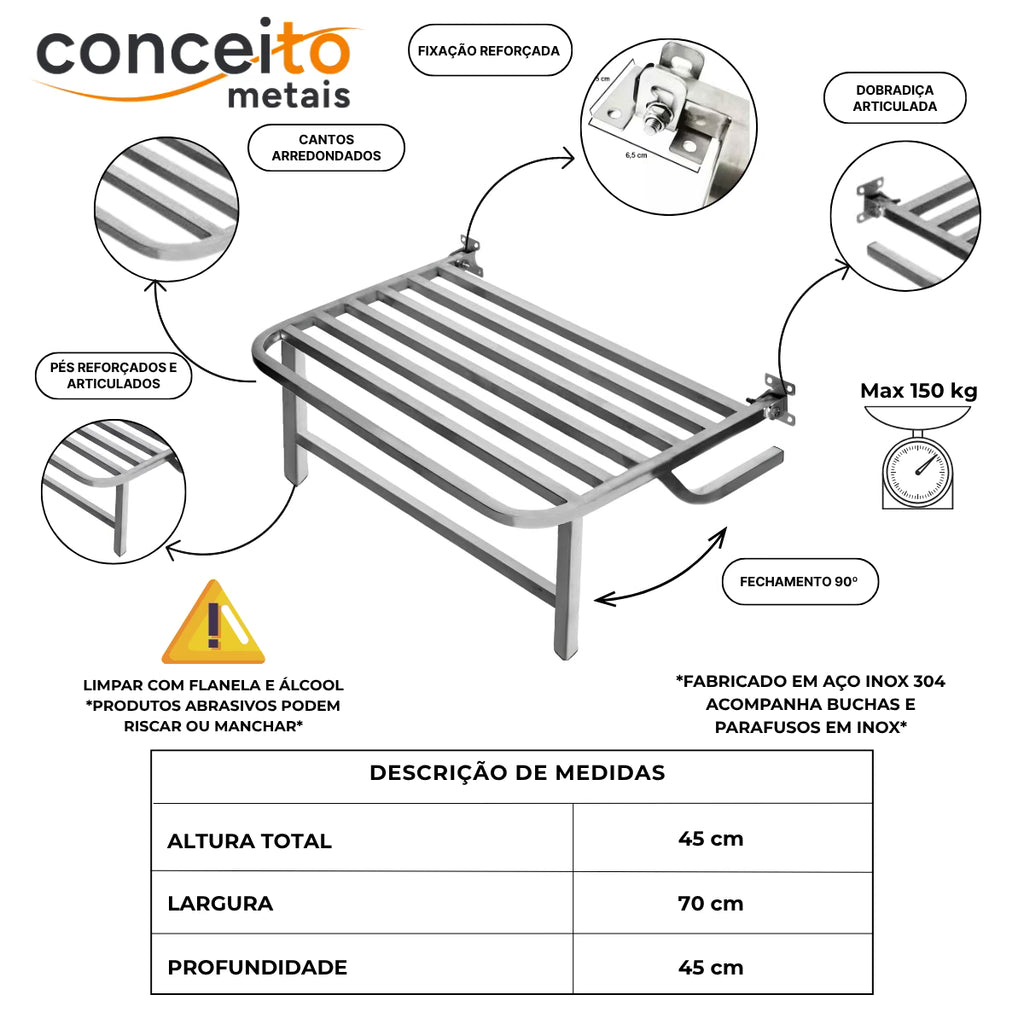 Banco articulado de inox para banheiro PNE 45x70 com pedestal - 1058: detalhes