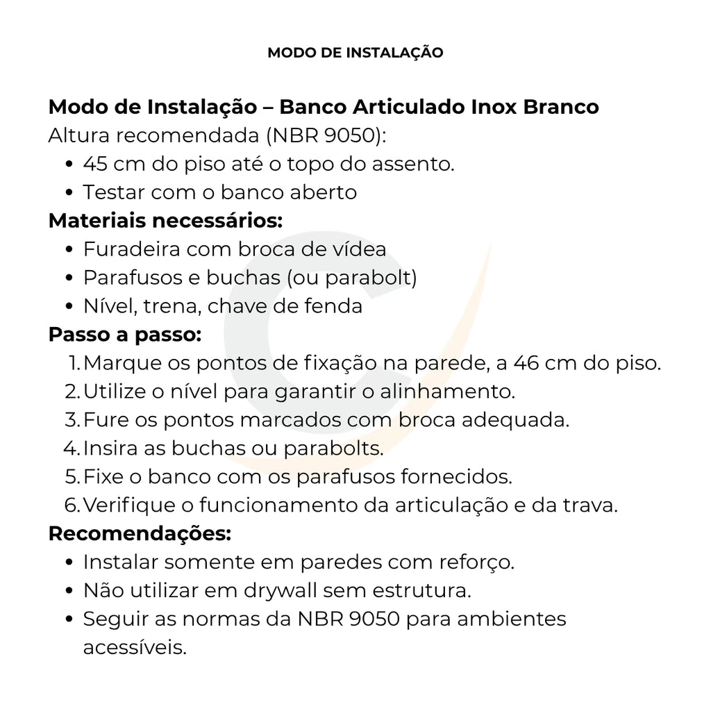 Banco articulado de inox para banheiro PNE 45x70 com pedestal - 1058: modo de instalação