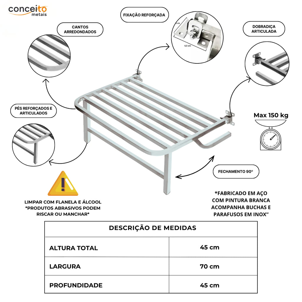Banco articulado branco metal reforçado para banheiro PNE 45x70 com pedestal - 1059: detalhes