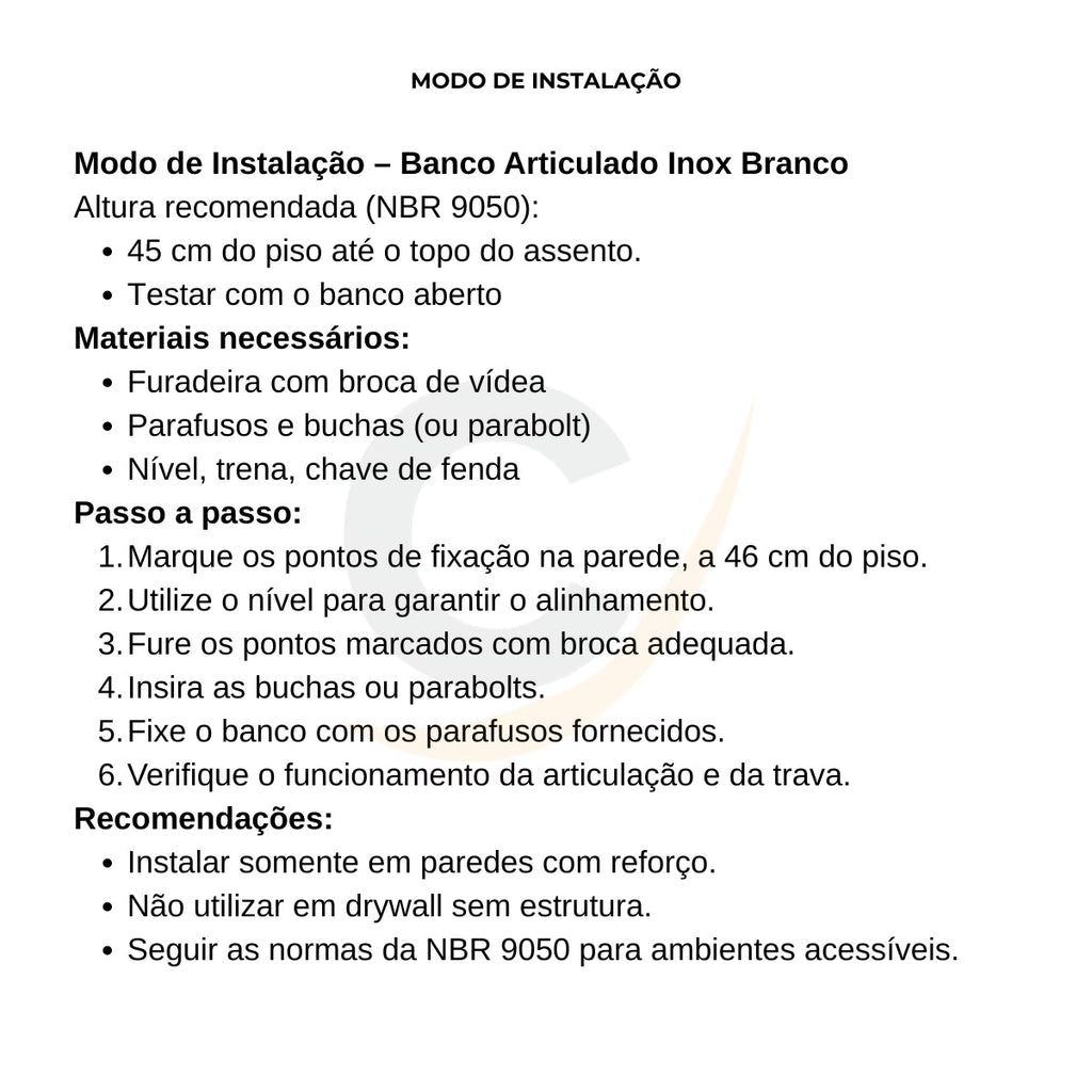 Banco articulado branco metal reforçado para banheiro PNE 45x70 com pedestal - 1059: modo de instalação