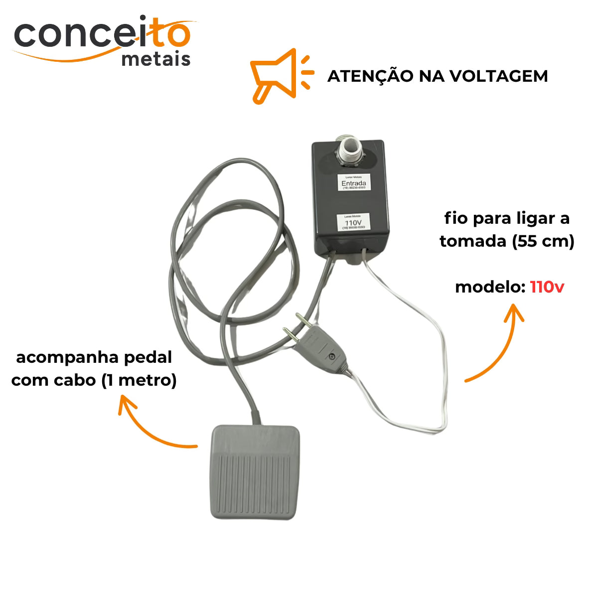 Acionador de pedal elétrico 110v roda pé ou piso - 1060: cabo de 1 metro e fio de tomada de 55 cm