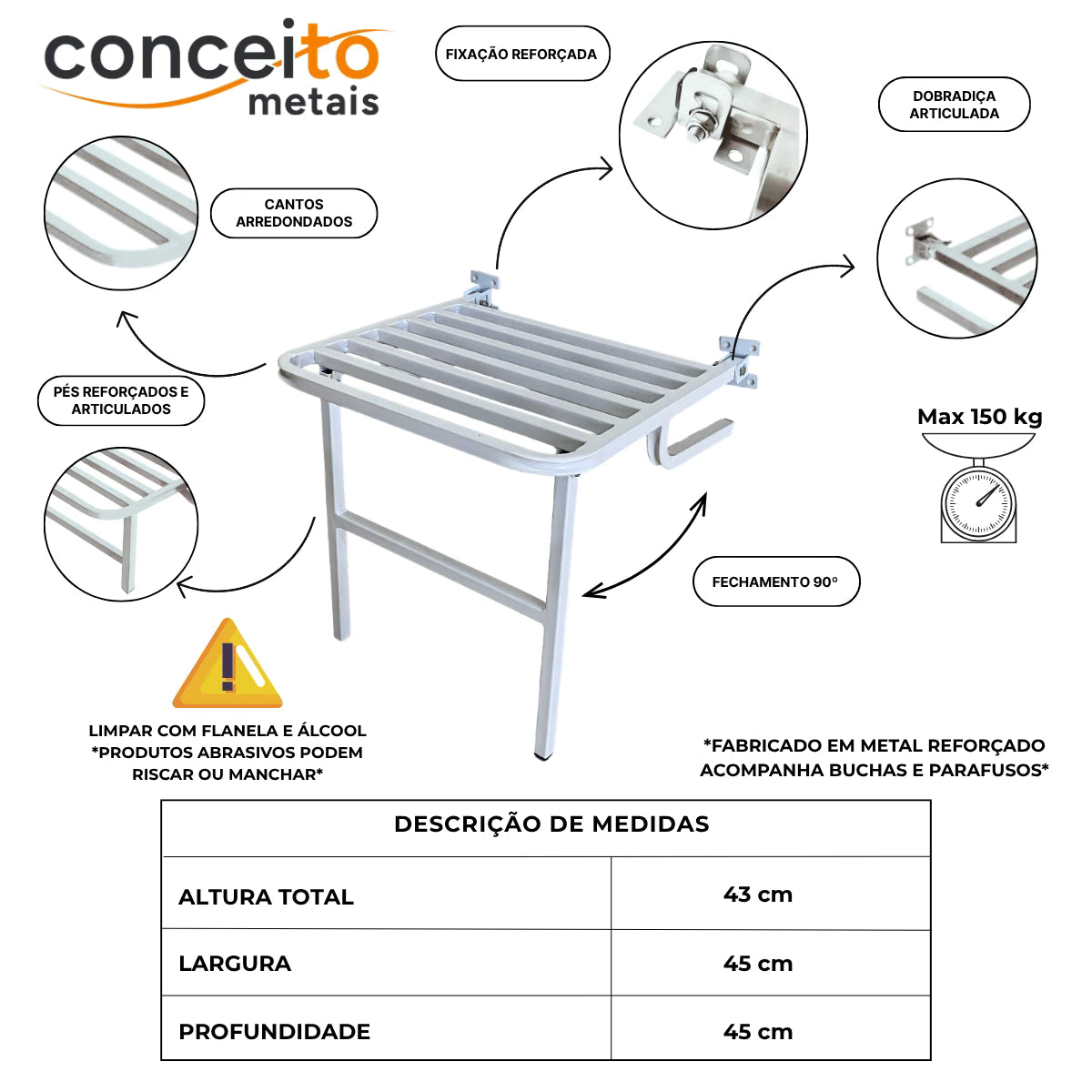 Banco Articulado Branco Metal Reforçado para Banheiro PNE 45x45 com Pedestal - 1061 - 1061-: detalhes