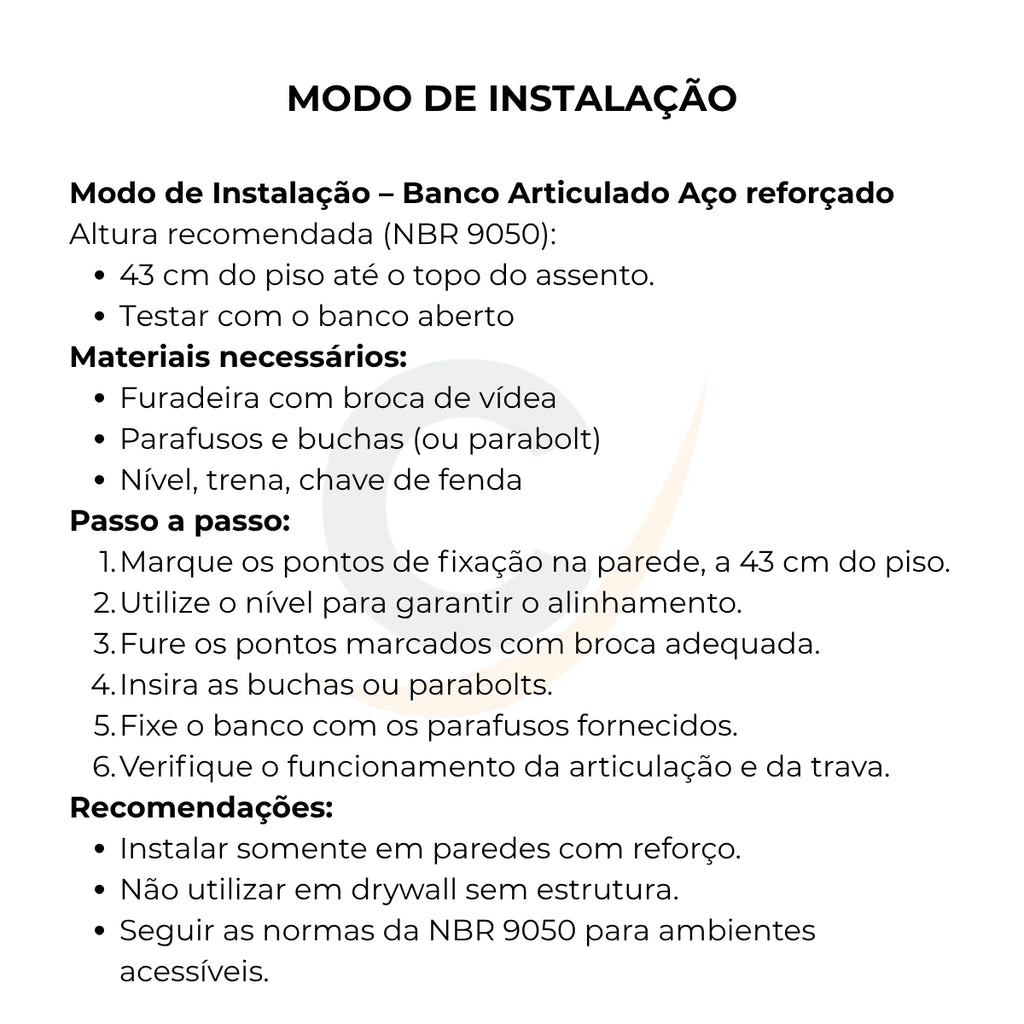 Banco Articulado Branco Metal Reforçado para Banheiro PNE 45x45 com Pedestal - 1061 - 1061-: modo de instalação