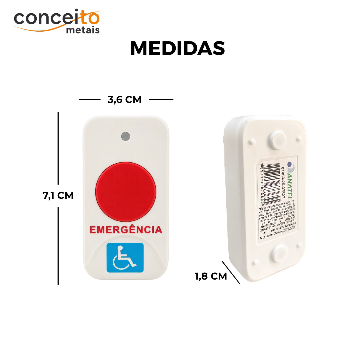 Alarme banheiro deficiente PNE audiovisual sem fio - 1112: medidas do acionador