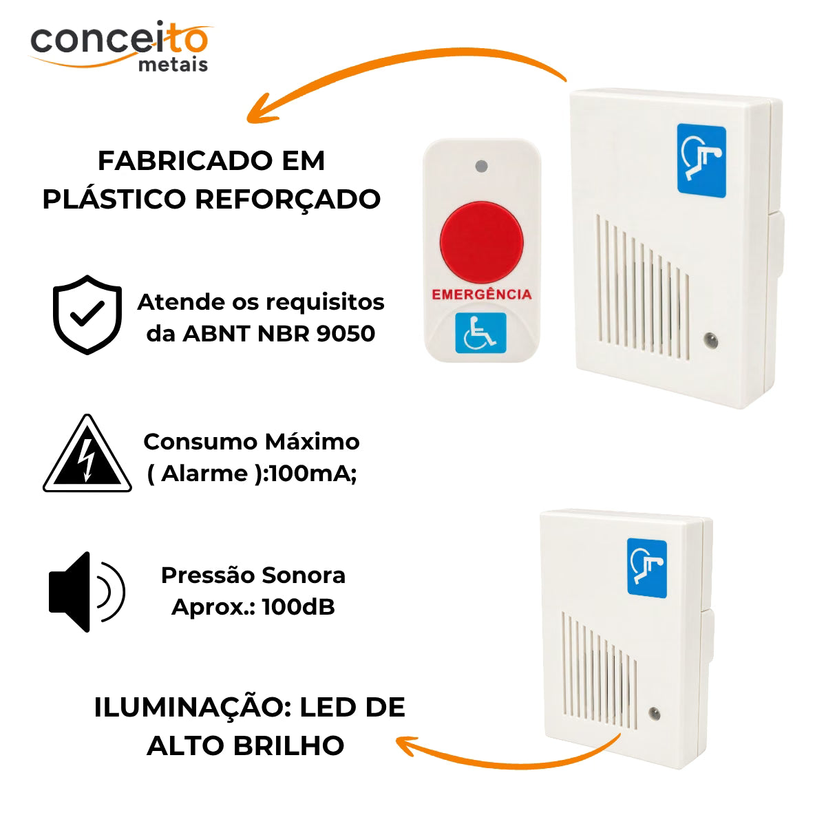 Alarme banheiro deficiente PNE audiovisual sem fio - 1112: características