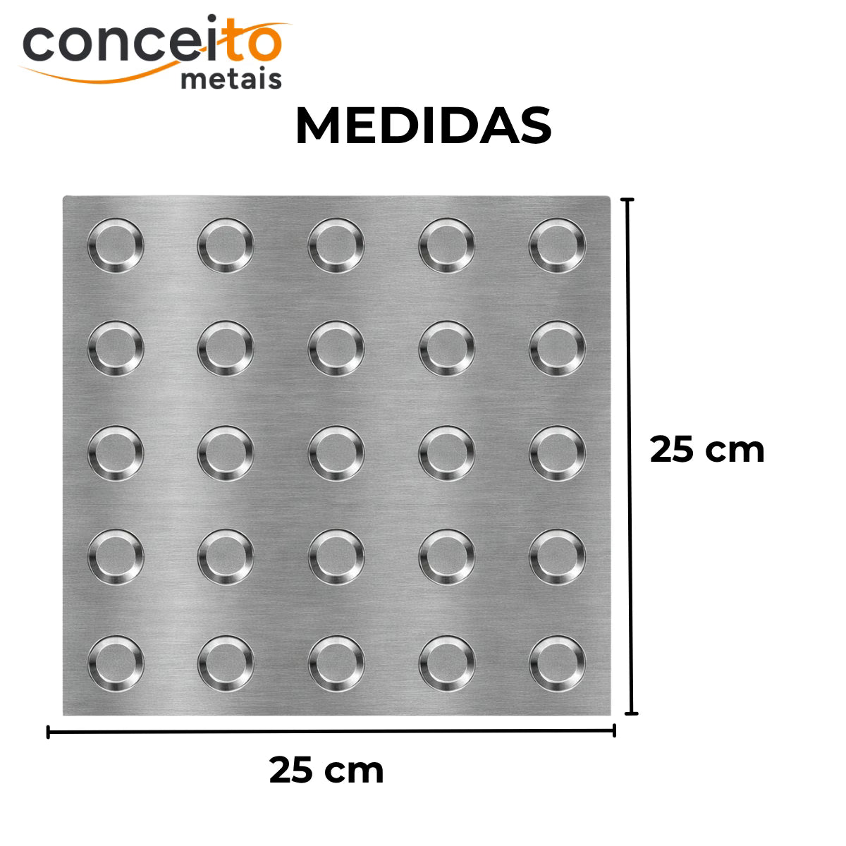 Piso tátil alerta em chapa inox escovado - 1121: medidas 25 x 25 cm