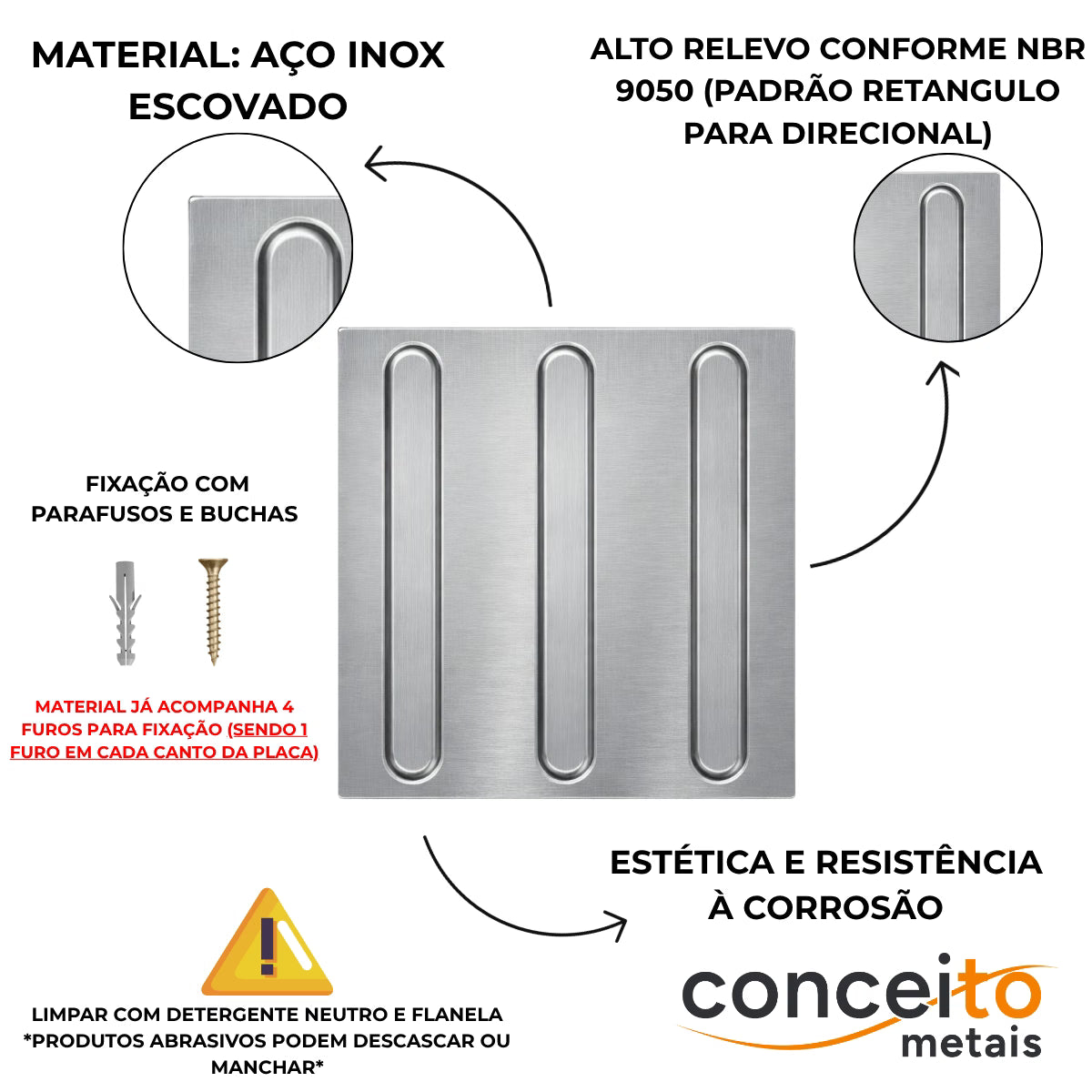 Piso tátil direcional em chapa inox escovado - 1124: detalhes e fixação