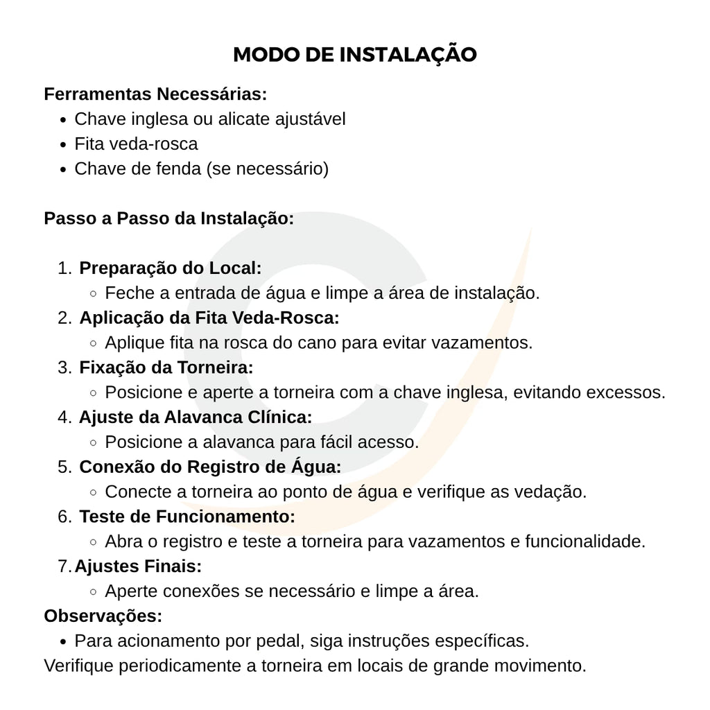 Torneira clínica alavanca mesa bica móvel altura 25 cm - 12002: modo de instalação