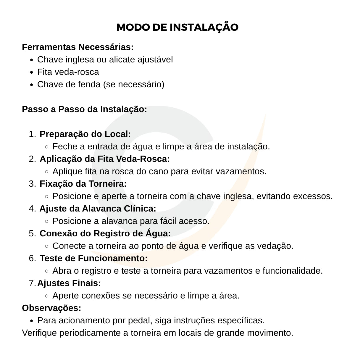 Torneira clínica alavanca mesa bica móvel altura 25 cm - 12002: modo de instalação