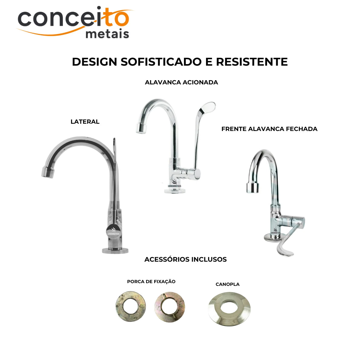 Torneira clínica alavanca metal reforçada bica móvel de mesa 1/4 volta - 12003: vistas e acessórios