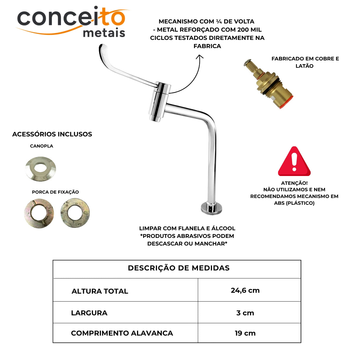 Torneira clínica alavanca reforçada mesa 16 cm 45° - 12004: detalhes e acessórios