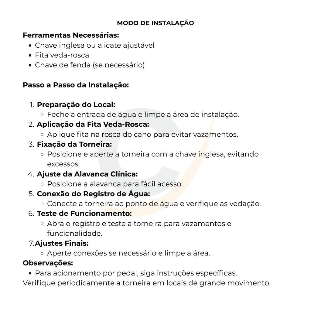 Torneira clínica de parede alavanca especial 20 cm - 12018: modo de instalação