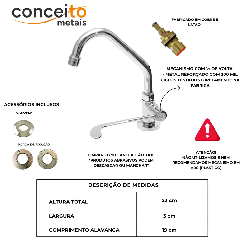 Torneira clínica alavanca mesa bica móvel altura 24 cm - 12039: detalhes e acessórios