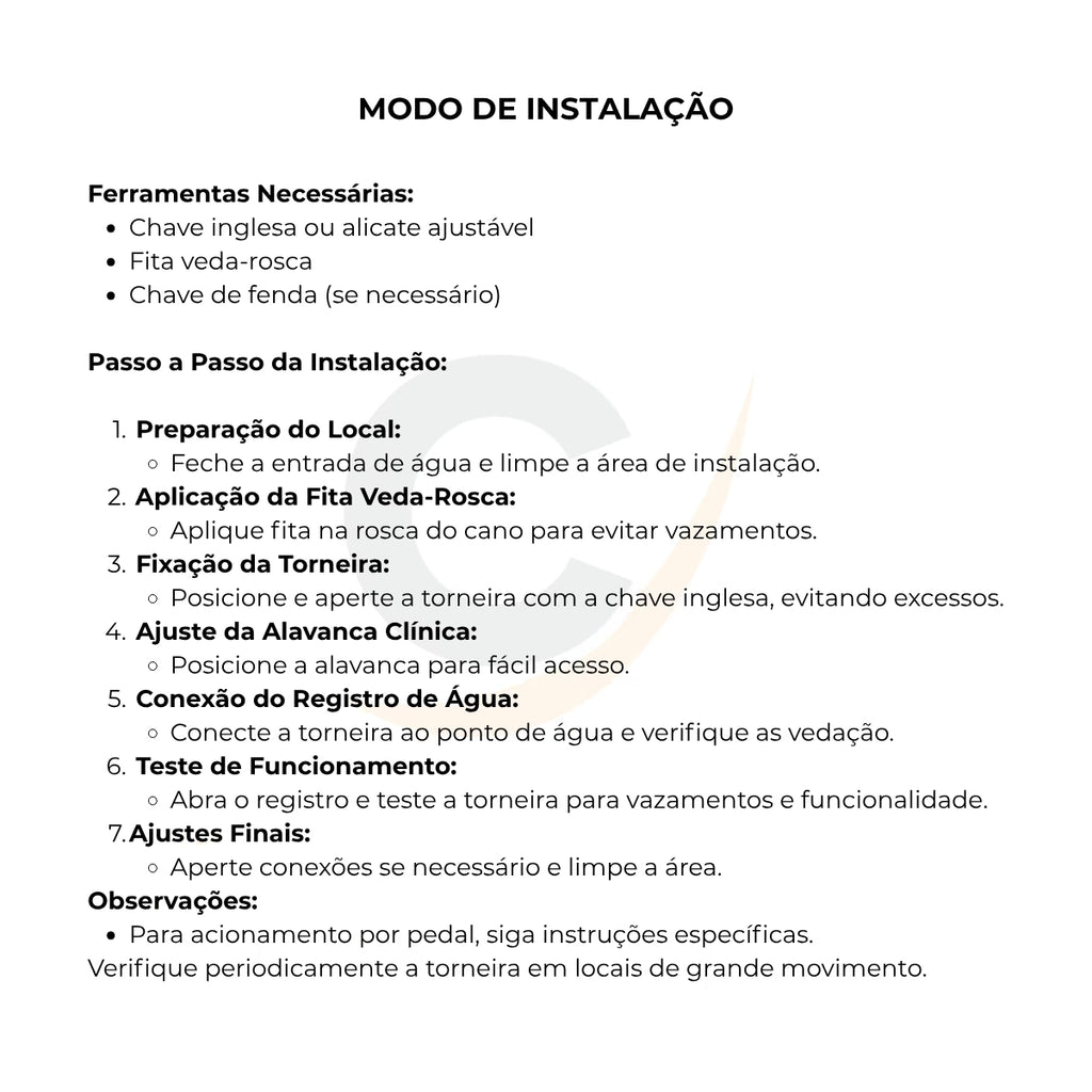 Torneira clínica alavanca mesa bica móvel altura 24 cm - 12039: modo de instalação