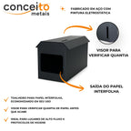 Toalheiro cai cai preto de metal reforçado com trava - 12179: detalhes: aço com pintura eletrostática, visor e saída do papel
