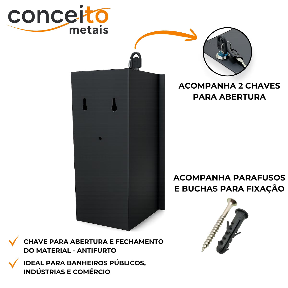 Toalheiro cai cai preto de metal reforçado com trava - 12179: detalhes: duas chaves e fixação