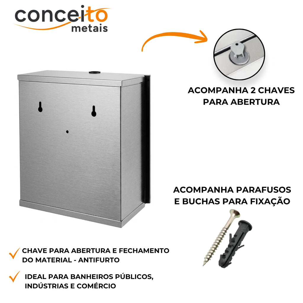 Toalheiro em aço inox escovado interfolhas com trava - 12288: fixação e acessórios