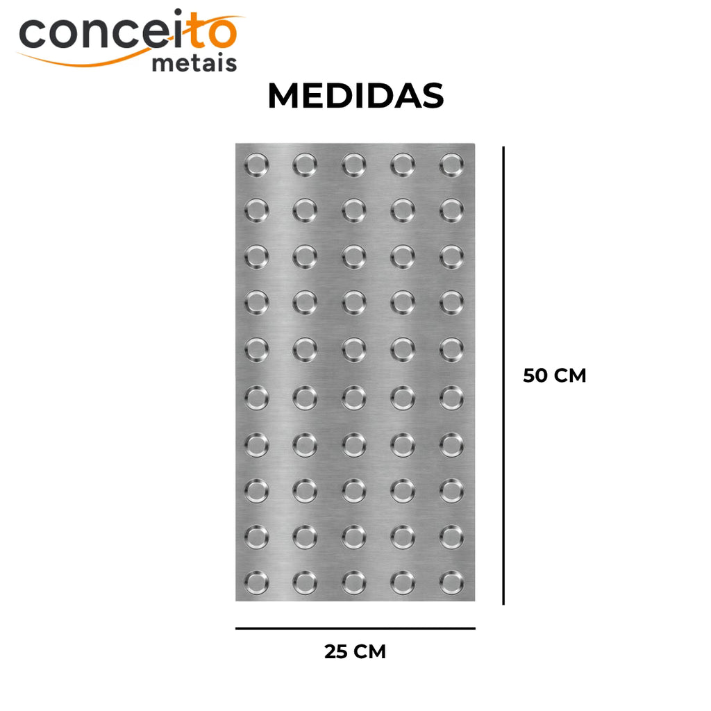 Piso tátil alerta em chapa inox escovado 25x50 - 12400: medidas 25 x 50 cm