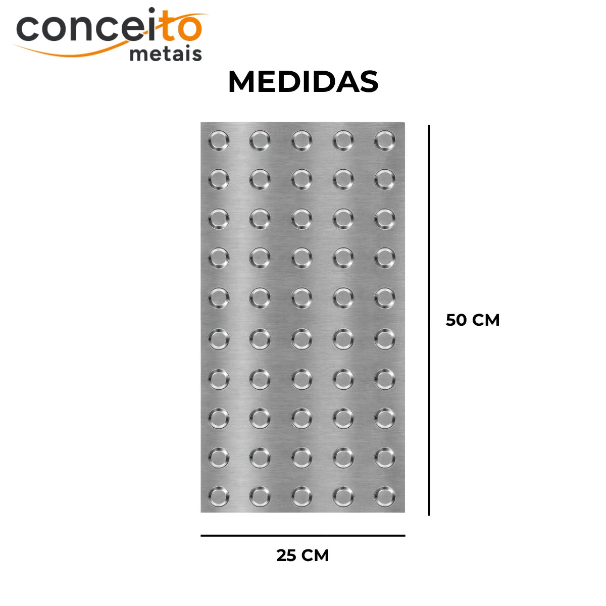Piso tátil alerta em chapa inox escovado 25x50 - 12400: medidas 25 x 50 cm