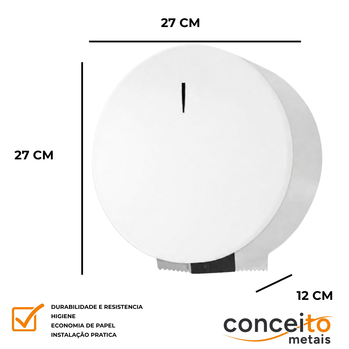 Dispenser de papel higiênico aço carbono branco 400 mt com trava - 12890: medidas