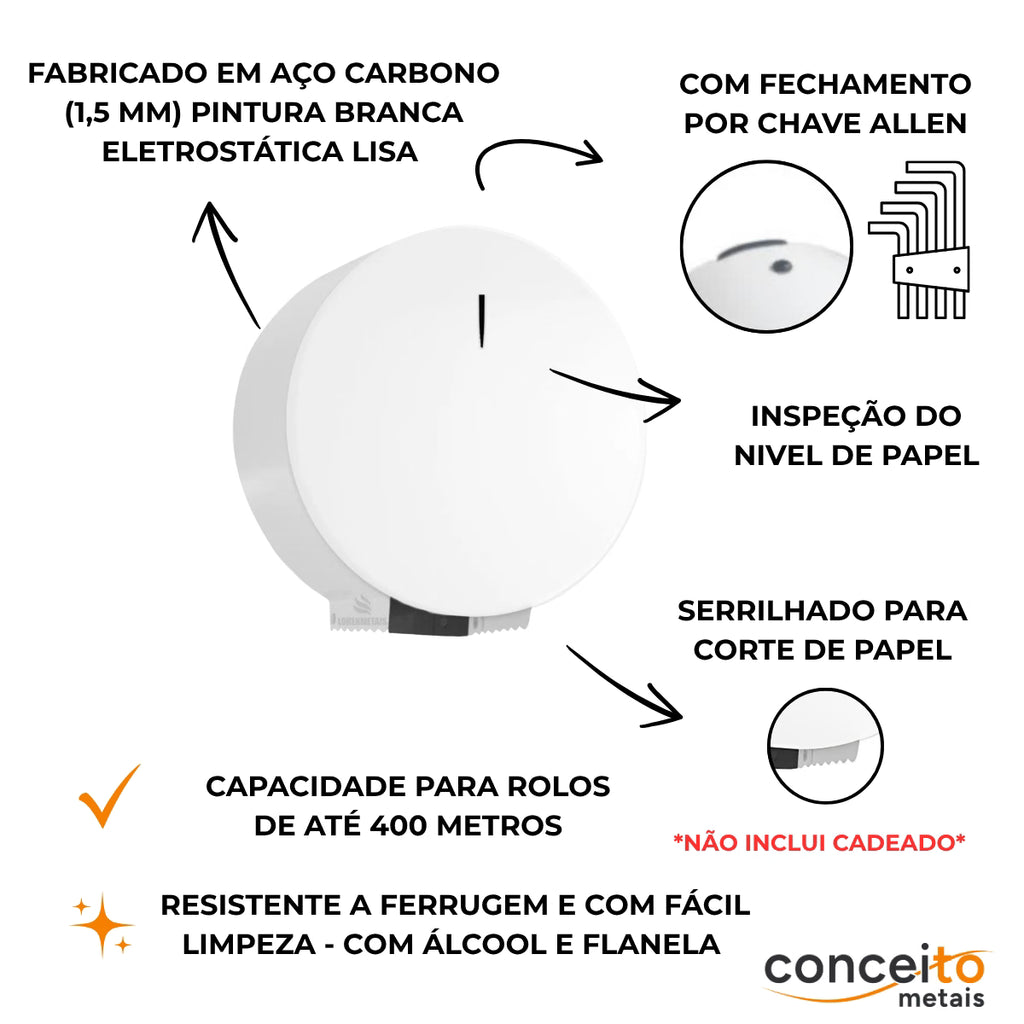 Dispenser de papel higiênico aço carbono branco 400 mt com trava - 12890: detalhes