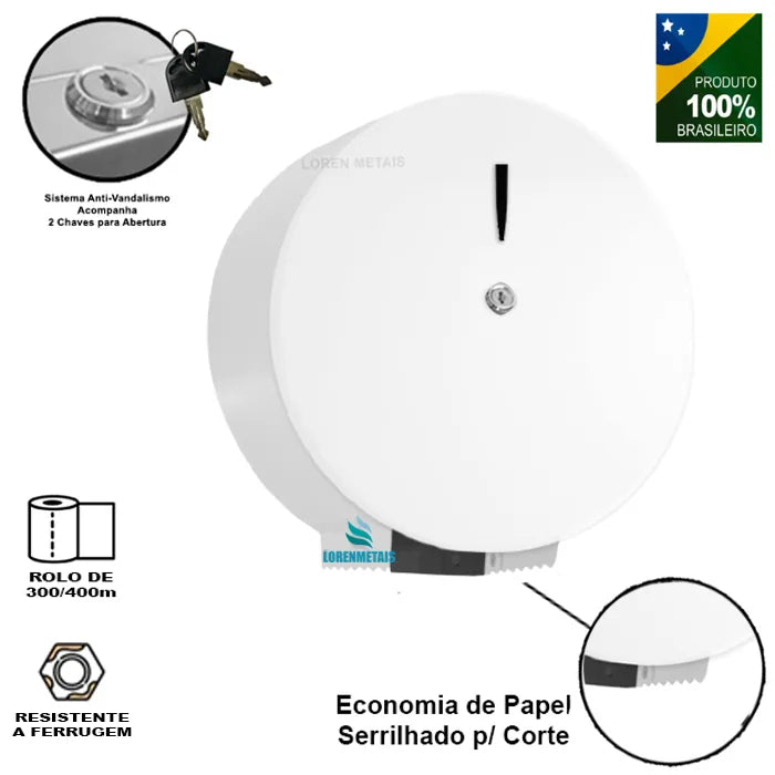 Dispenser de papel higiênico aço carbono branco 400 mt com chave - 12891 - Conceito Metais (foto 3)