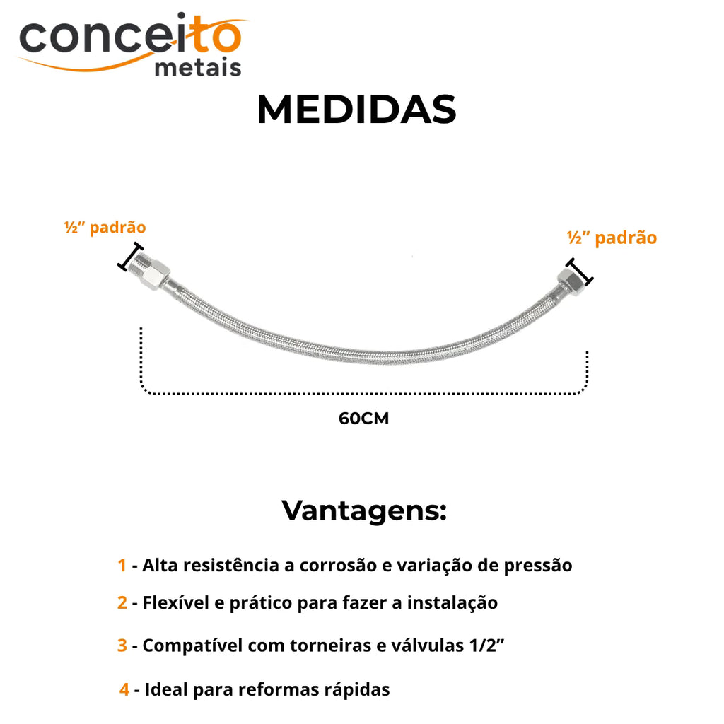 Mangueira engate flexível metal cromado 60cm ducha - 13015: medidas