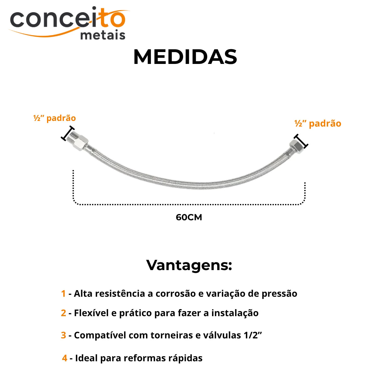 Mangueira engate flexível metal cromado 60cm ducha - 13015: medidas