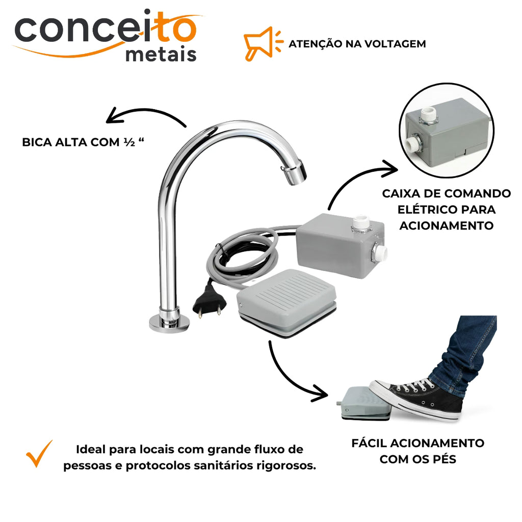 Kit acionador de pedal elétrico 110V com torneira bica alta móvel - 13115: detalhes e acionamento