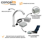 Kit acionador de pedal elétrico 110V com torneira bica alta móvel - 13115: detalhes e acionamento