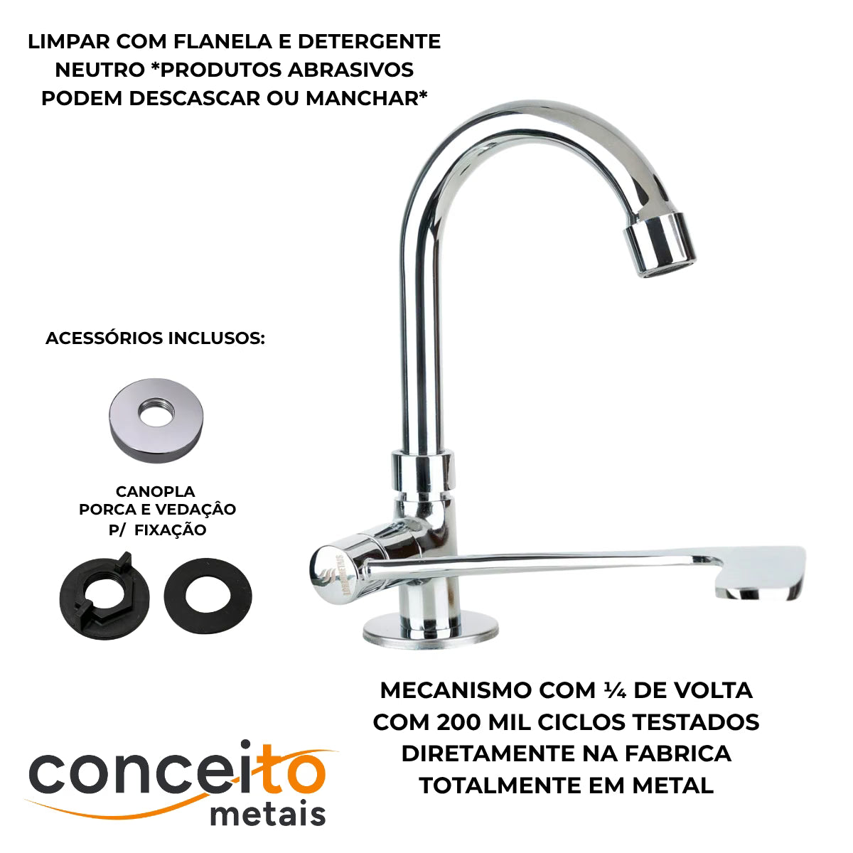 Torneira clínica alavanca especial metal bica móvel de mesa 1/4 volta comp - 13152: acessórios inclusos e mecanismo