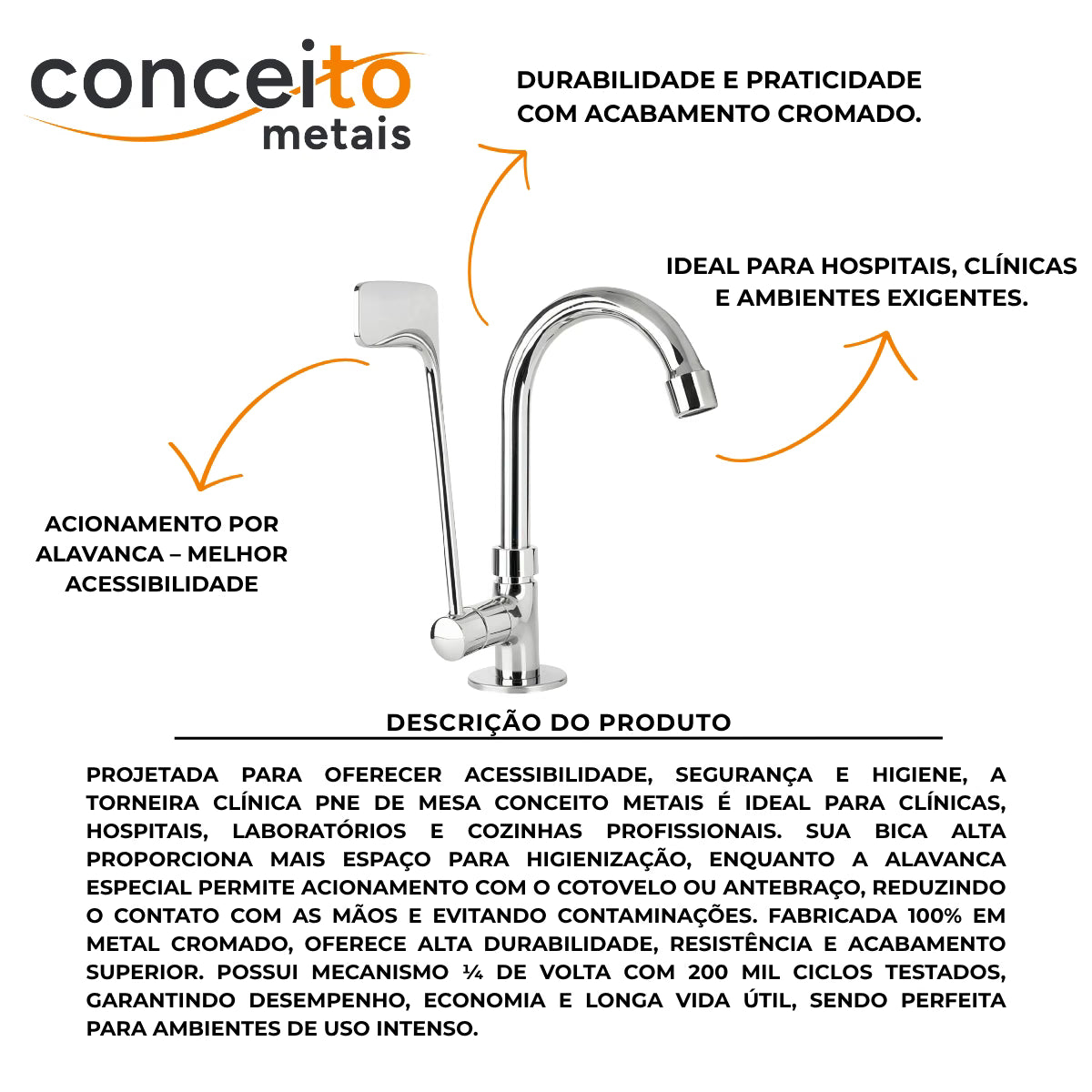 Torneira clínica alavanca especial metal bica móvel de mesa 1/4 volta comp - 13152: durabilidade e descrição do produto