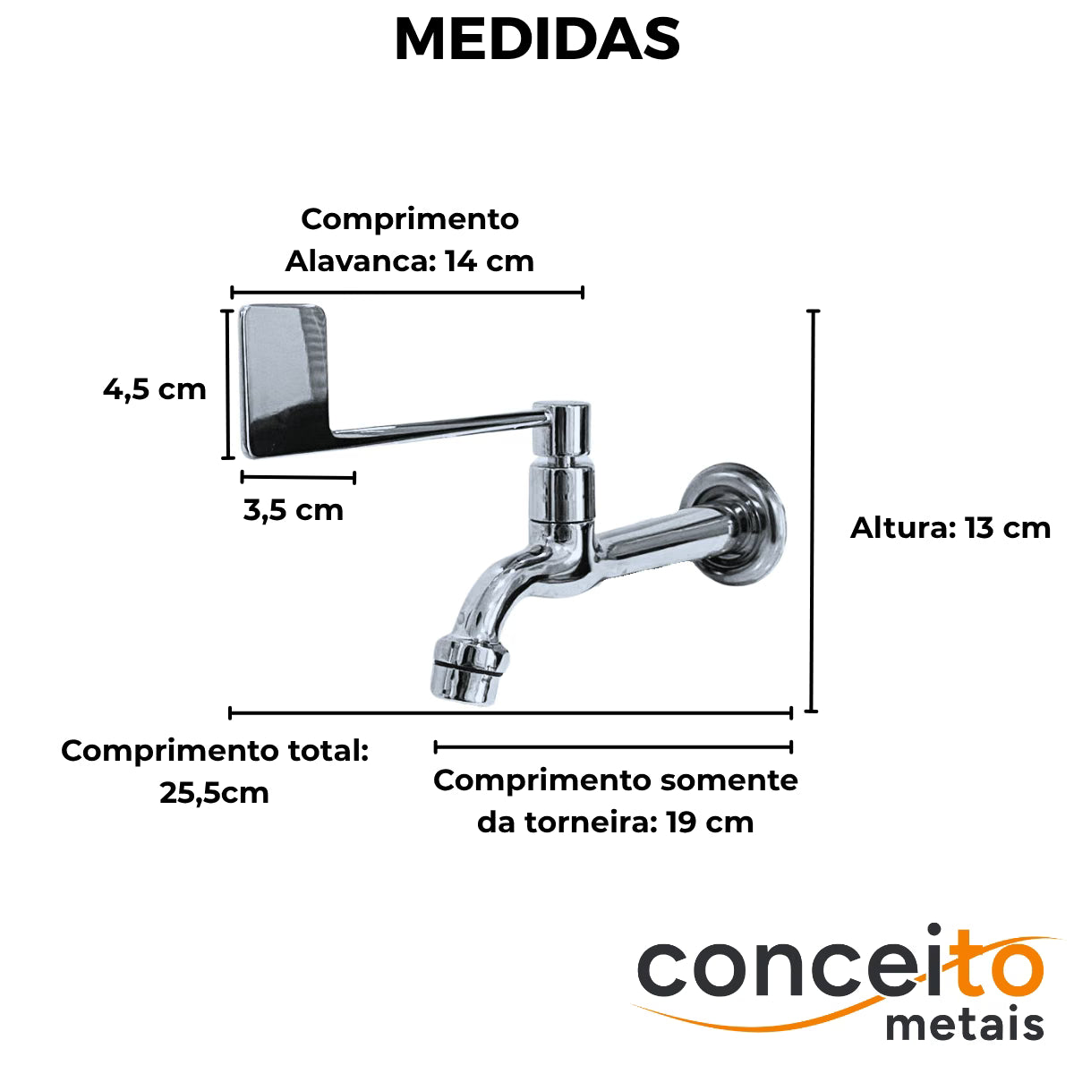 Torneira clínica de parede com arejador fixo 19cm alavanca especial - 13154: medidas