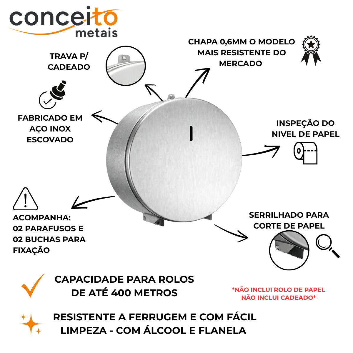 Porta papel higiênico com trava 400m inox escovado com porta cadeado - 13235: detalhes: trava para cadeado, serrilhado, capacidade e acessórios