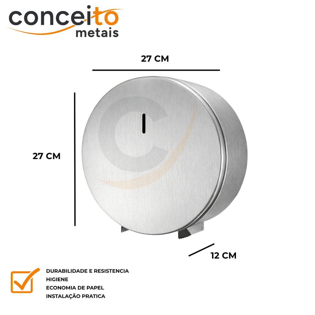 Porta papel higiênico com trava 400m inox escovado com trava e chave Allen - 13238: medidas 27 x 27 x 12 cm