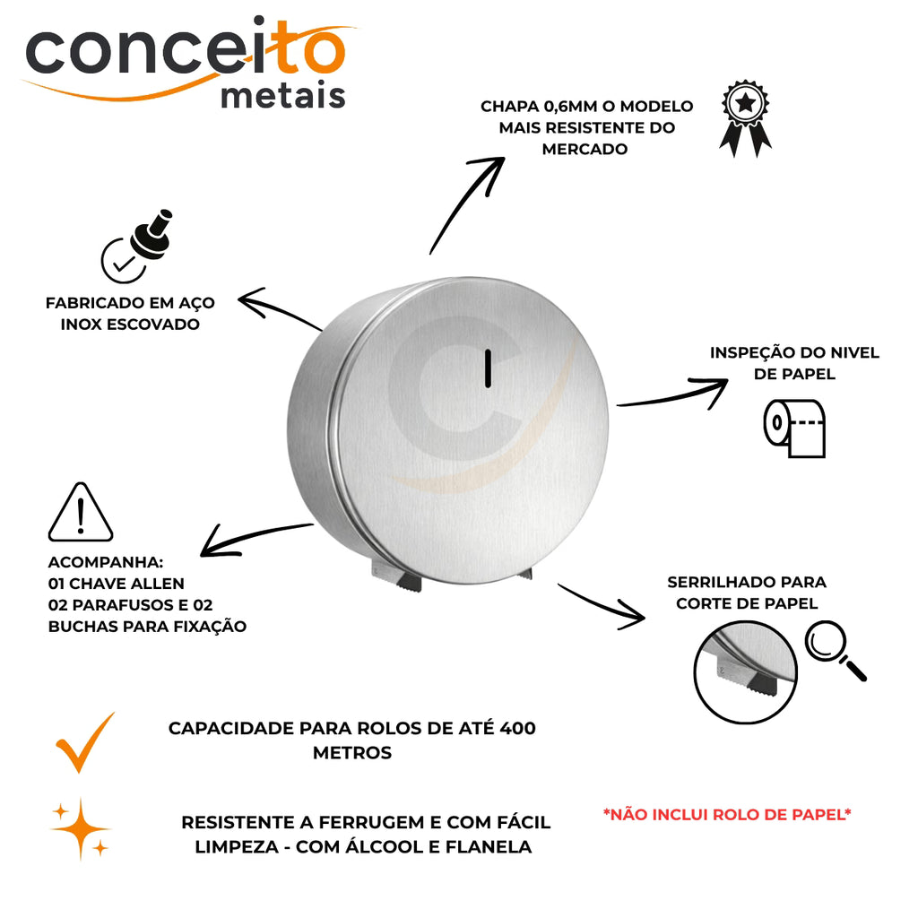 Porta papel higiênico com trava 400m inox escovado com trava e chave Allen - 13238: detalhes: chave Allen, serrilhado e capacidade para rolos de até 400 m
